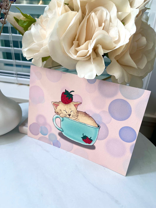 SLEEPY CAT IN THE STRAWBERRY CUP