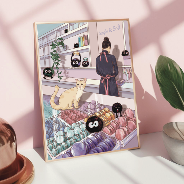 macaron shop with cat art print by Simple and Soft Studio