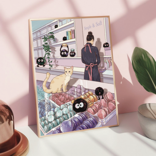 macaron shop with cat art print by Simple and Soft Studio