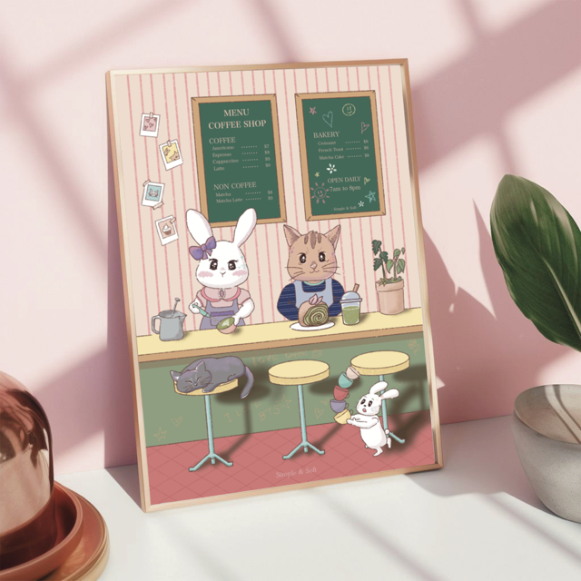 A decorative art print featuring a cute cartoon cafe scene with a white rabbit and a cute cat by simple and soft studio.