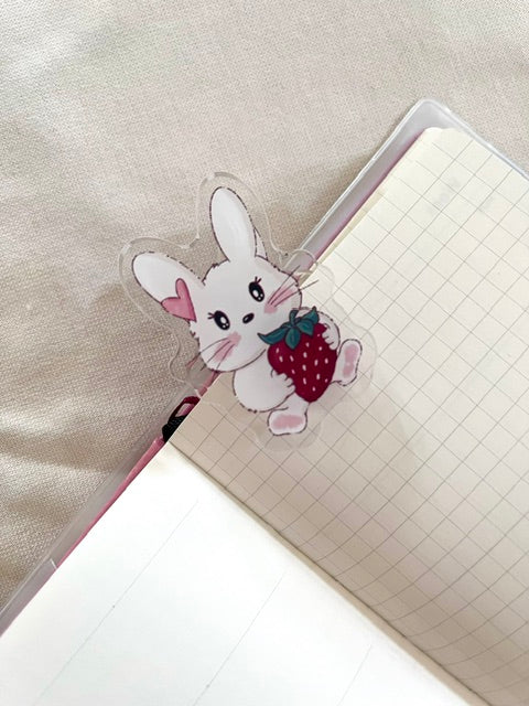 bunny holding strawberry acrylic paper clip by simple and soft studio